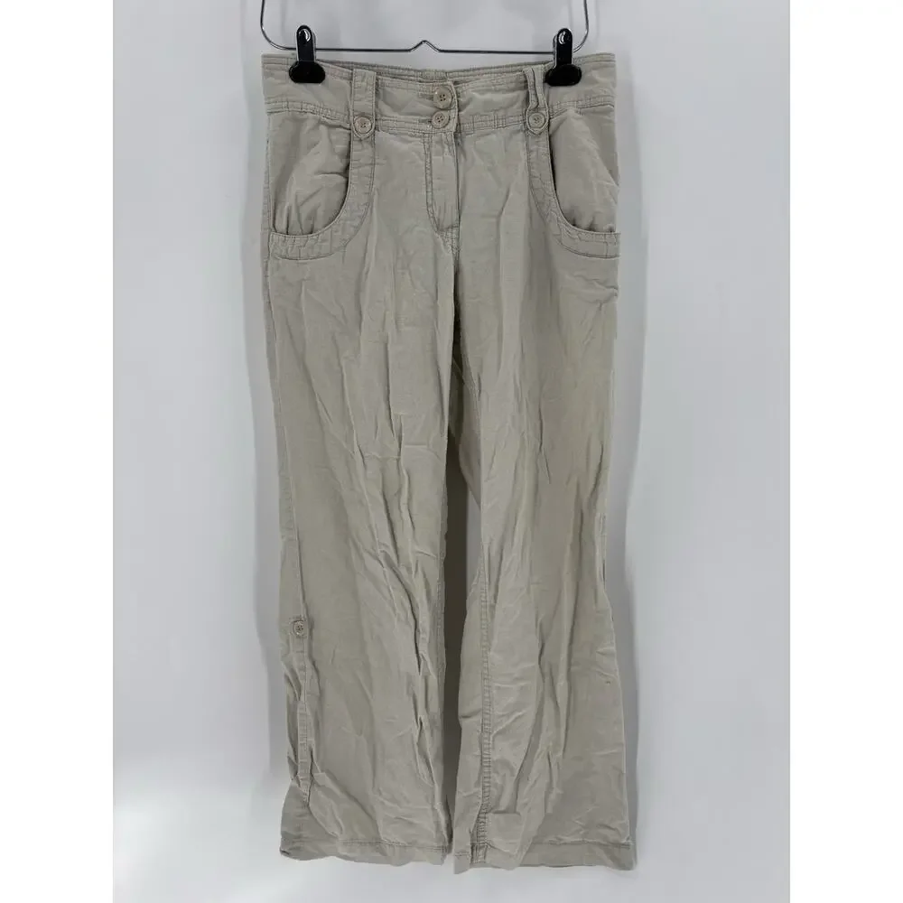 H&M Pants Womens 6 Beige Linen Cotton Pockets Straight Leg Comfort Mid Rise